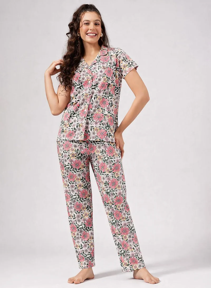 كلوفيا Floral Print Button-Down Shirt & Pyjama Set in Multicolour - 100% Cotton
